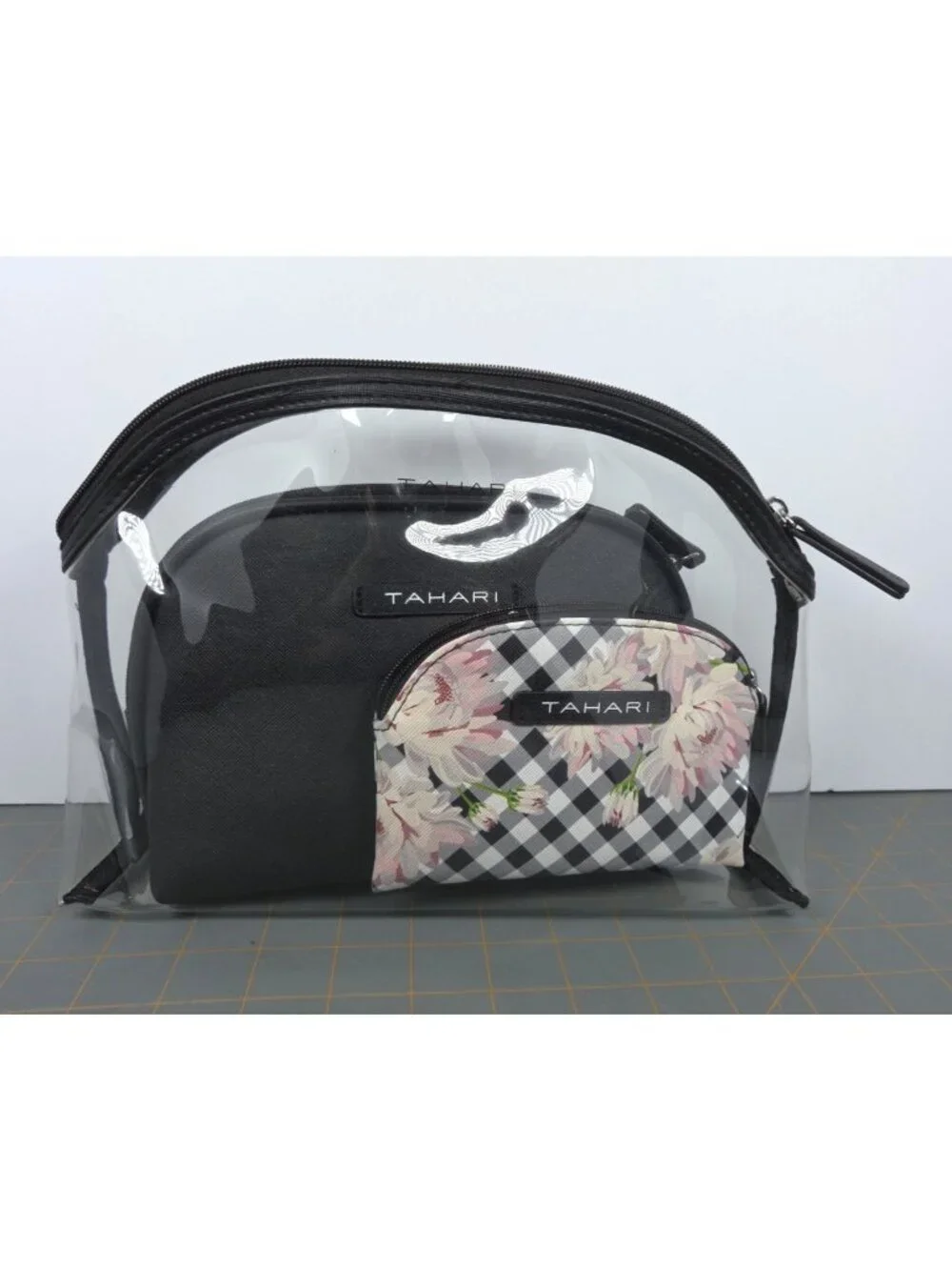 Tahari 3-Piece Travel Trio Cosmetic Case Set Gingham & Floral Print Clear Bag